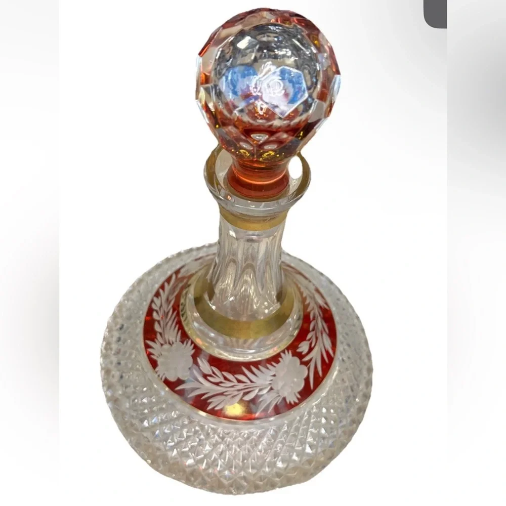 Vintage Golden Crown E&R Hand Cut Lead Crystal Brandy Decanter Ruby Red Overlay